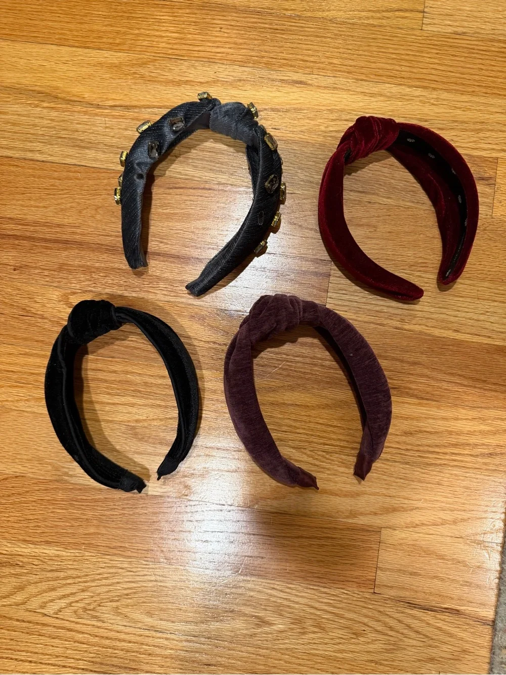 Four Velvet Knotted Headbands - Black, Purple, Maroon, Gray Jeweled